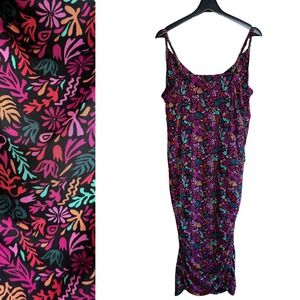 Ava & Viv Womens 1X Multicolor Botanical Floral Cowl Neck Ruched Midi Slip Dress